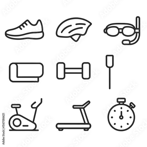 Workout Icons Grid. Outline icon set of workout mode presets: running shoe, cycling helmet, swim goggles, yoga mat, dumbbell,