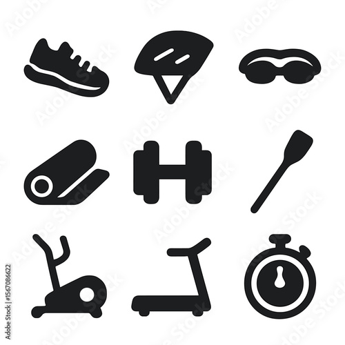 Workout Mode Icons. Solid, Filled icon set of workout mode presets: running shoe, cycling helmet, swim goggles, yoga mat, dumbbell