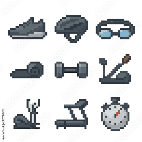 Workout Mode Icons. Pixel art icon set of workout mode presets: running shoe, cycling helmet, swim goggles, yoga mat, dumbbell,