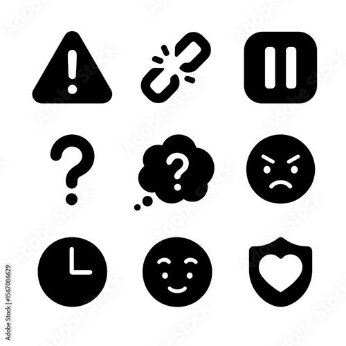 Jealousy Trigger Icons. Solid, filled icon set of managing jealousy triggers: warning sign, broken chain, pause button, question