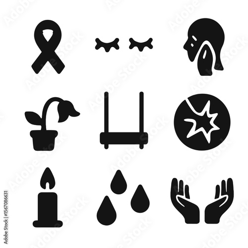 Grief Icon Collection. Solid, filled icon set of grief and sorrow: mourning ribbon, closed eyes, hand wiping tear, wilted plant,