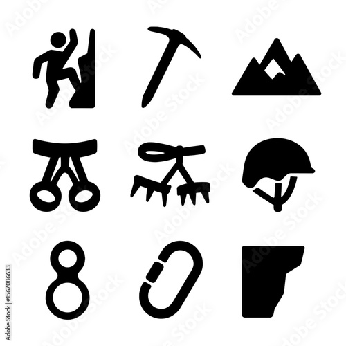 Mountain Sports Icons. Solid, filled icon set of extreme mountain sports: rock climber, ice axe, mountain peak, rope harness,