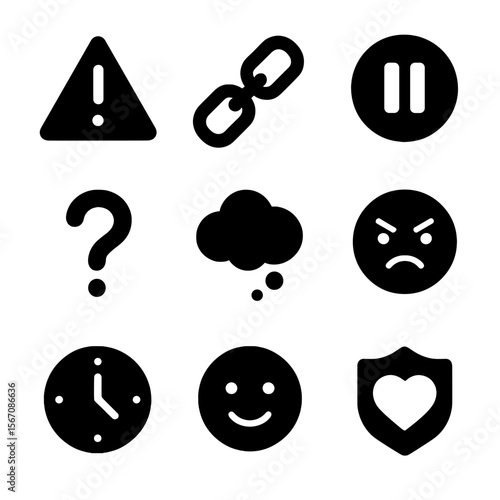 Jealousy Trigger Icons. Solid, filled icon set of managing jealousy triggers: warning sign, broken chain, pause button, question