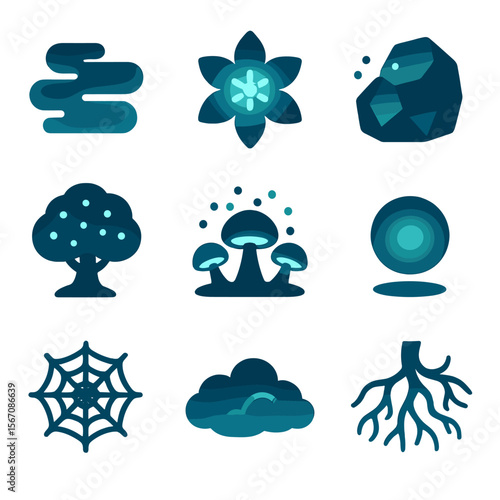 Enchanted Forest Icons. Solid, filled icons set of glowing forest scenery elements: enchanted fog, star flower