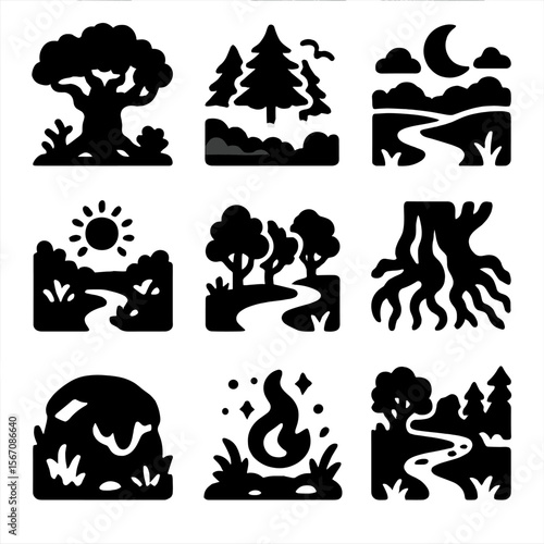 Enchanted Forest Icons. Solid, filled icons set of enchanted forest landscape: ancient oak, misty woods,