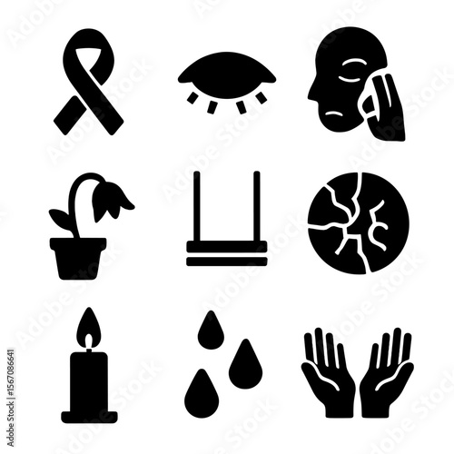 Grief Icon Collection. Solid, filled icon set of grief and sorrow: mourning ribbon, closed eyes, hand wiping tear, wilted plant,