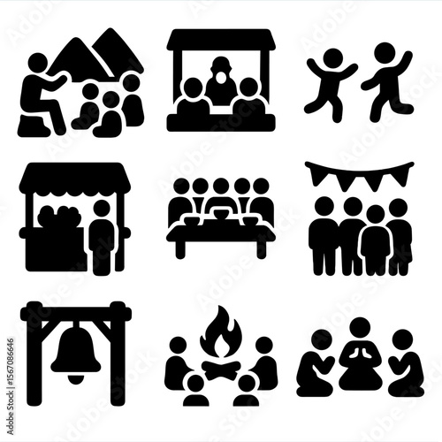 Mountain Village Icons. Solid, filled icon set of mountain village social life: storyteller, elder council, children playing,
