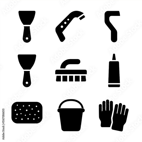 Grout Repair Tool Icons. Solid, filled icon set of grout repair tools: scraper, grout saw, grout removal tool, putty knife, brush,