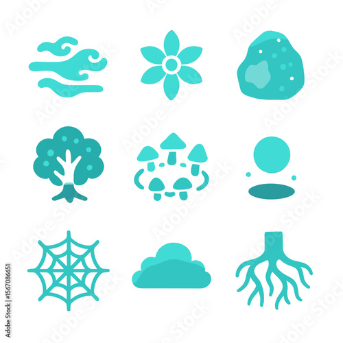 Enchanted Forest Icons. Solid, filled icons set of glowing forest scenery elements: enchanted fog, star flower