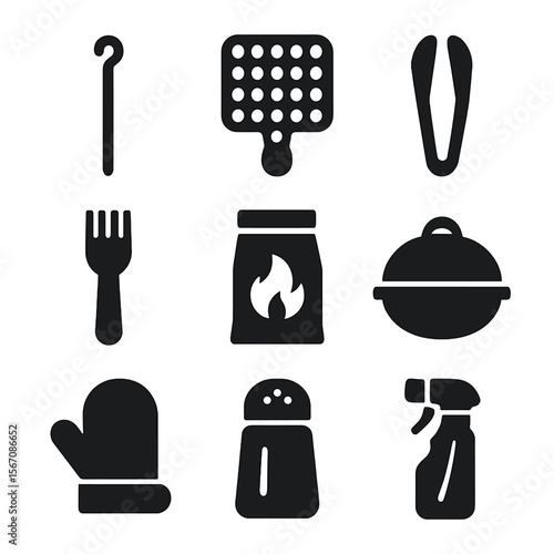 Grilling Tools Icons. Solid, filled icon set of grilling tools for seafood skewers: skewer stick, grill grate, tongs, basting