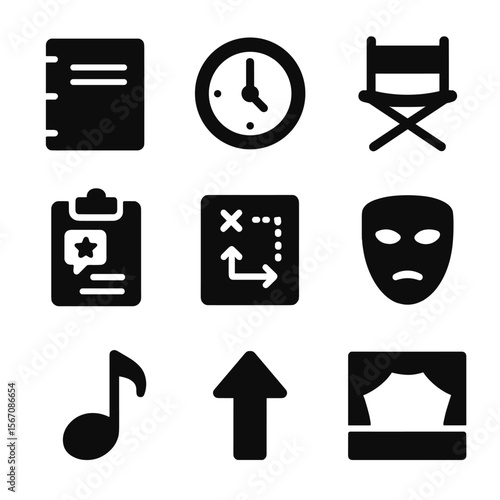 Workshop Icons Grid. Solid, Filled icon set of workshops and rehearsals: script binder, rehearsal clock, director’s chair,