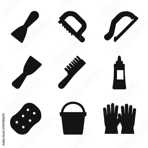 Grout Repair Tool Icons. Solid, filled icon set of grout repair tools: scraper, grout saw, grout removal tool, putty knife, brush,