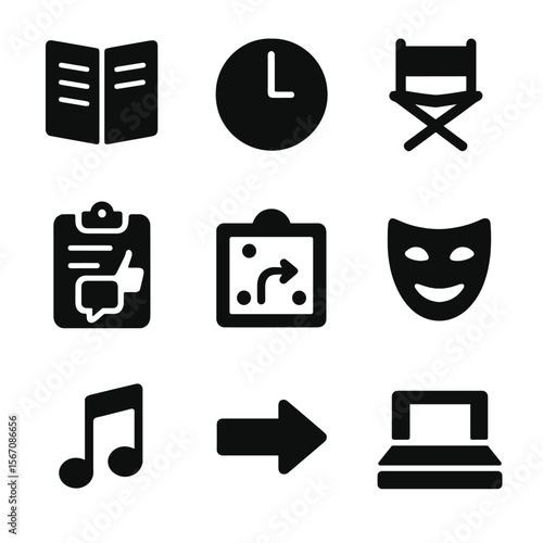 Workshop Icons Grid. Solid, Filled icon set of workshops and rehearsals: script binder, rehearsal clock, director’s chair,