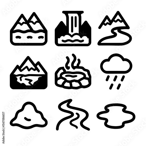 Mountain Water Icons. Solid, filled icon set of Mountain water features: alpine lake, waterfall, river, glacier, hot spring, rain