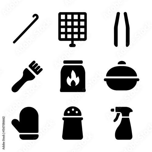 Grilling Tools Icons. Solid, filled icon set of grilling tools for seafood skewers: skewer stick, grill grate, tongs, basting