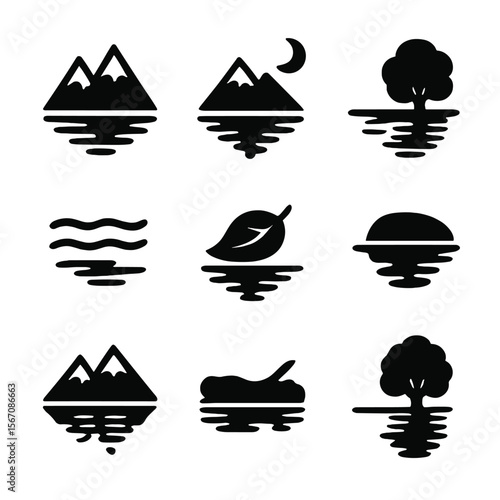 Mountain Reflection Icons. Solid, filled icon set of mountain reflections: twin peaks, mirrored lake, calm waves, crescent moon,