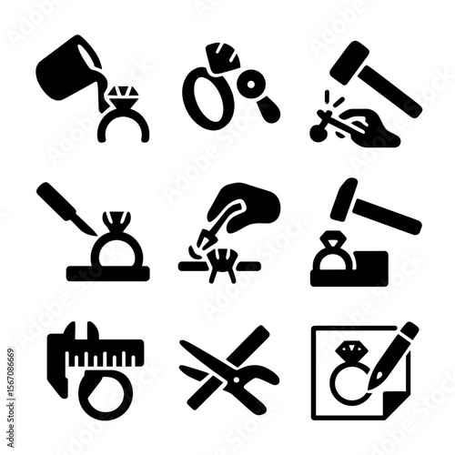 Jewelry Making Icons. Solid, filled icon set of jewelry manufacturing process: casting, polishing, engraving, soldering, setting