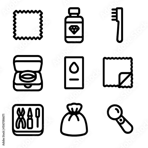 Jewelry Care Icon Set. Solid, filled icon set of jewelry care items: polishing cloth, cleaning solution, jewelry brush, storage