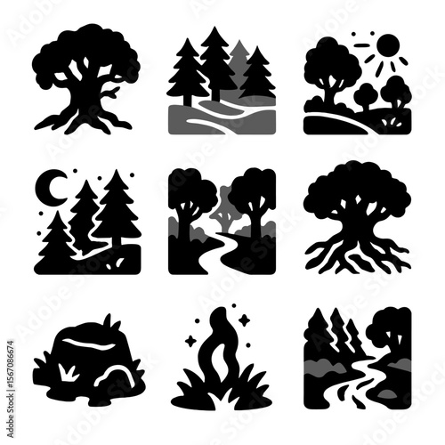 Enchanted Forest Icons. Solid, filled icons set of enchanted forest landscape: ancient oak, misty woods,