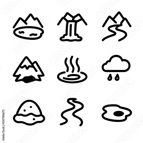 Mountain Water Icons. Solid, filled icon set of Mountain water features: alpine lake, waterfall, river, glacier, hot spring, rain