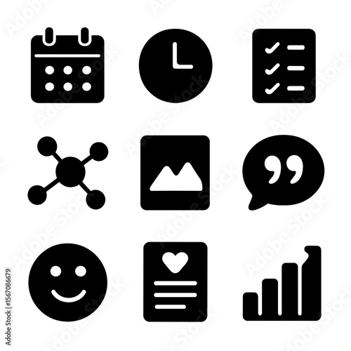 Journaling Icons Grid. Solid, filled icon set of journaling elements: calendar, clock, checklist, mind map, photo, quote bubble,