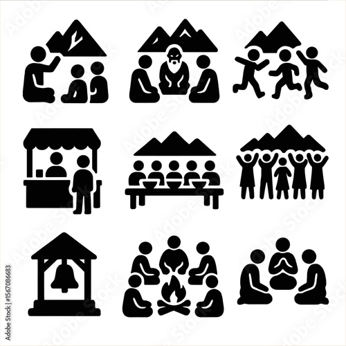 Mountain Village Icons. Solid, filled icon set of mountain village social life: storyteller, elder council, children playing,