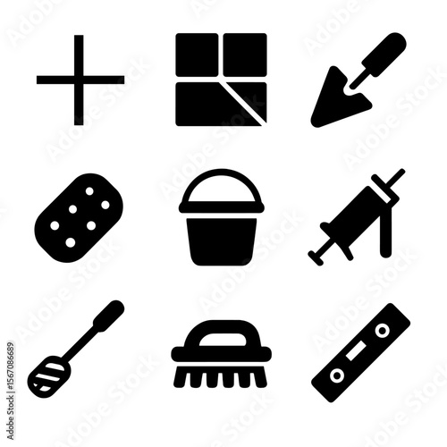 Grout Icon Set. Solid, filled icon set of grout in tiled floors: grout line, tile, trowel, sponge, bucket, sealant tube, mixing