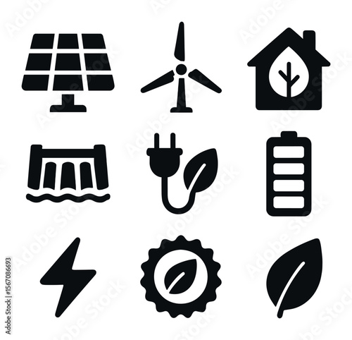 Clean Energy Icons. Solid, filled icons set of clean energy: solar cell, wind blade, green house, hydro power,