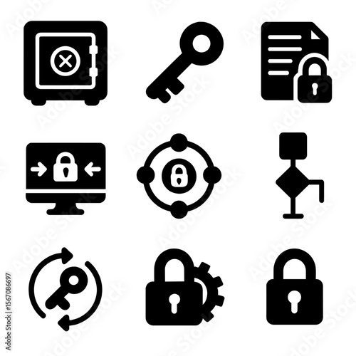 Encryption Icon Set. Solid, filled icons set of encryption and key management: key vault, cryptographic key,