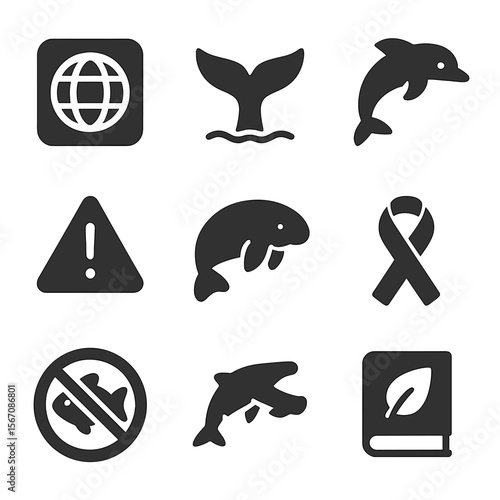 Endangered Marine Icons. Solid, filled icons set of endangered marine species awareness: red list icon, whale