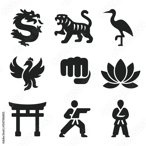 Karate Icon Grid. Solid, filled icon set of karate symbols: dragon, tiger, crane, phoenix, fist, lotus flower, kanji, dojo gate,