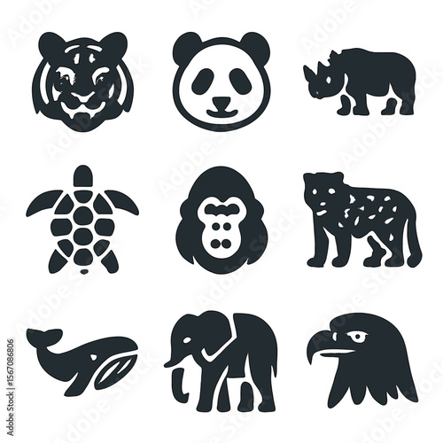 Endangered Species Icons. Solid, filled icons set of endangered species animals: tiger, panda, rhinoceros, sea
