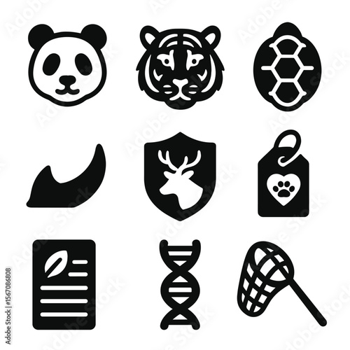 Endangered Species Icons. Solid, filled icons set of endangered species protection: panda icon, tiger face,