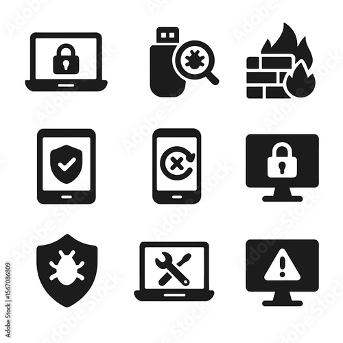 Endpoint Security Icons. Solid, filled icons set of endpoint security: laptop lock, USB scanner, software