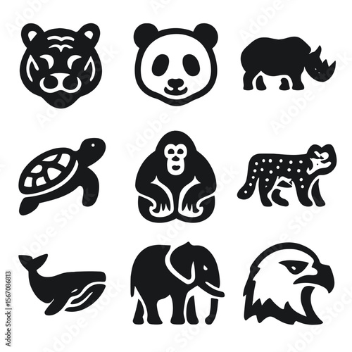 Endangered Species Icons. Solid, filled icons set of endangered species animals: tiger, panda, rhinoceros, sea
