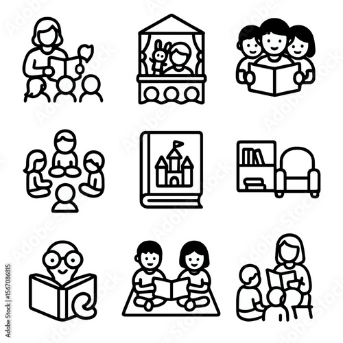 Kids Storytime Icons. Solid, filled icon set of kids’ storytime: storytelling, puppet show, group reading, circle of children,