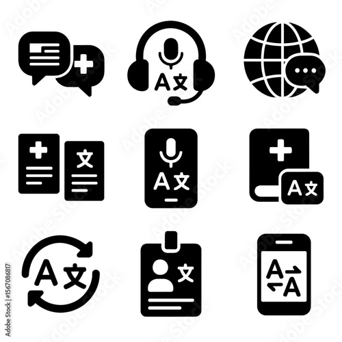 Multilingual Healthcare Icons. Solid, filled icon set of multilingual healthcare communication: chat bubbles with flags,