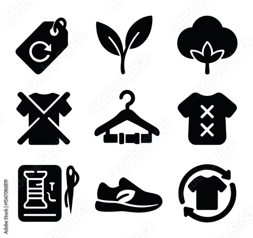 Sustainable Fashion Icons. Solid, filled icons set of conscious fashion: secondhand tag, natural fiber, cotton