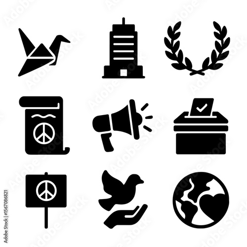 World Peace Icons. Solid, Filled icon set of world peace initiatives: peace crane, UN building, olive wreath, peace treaty scroll,