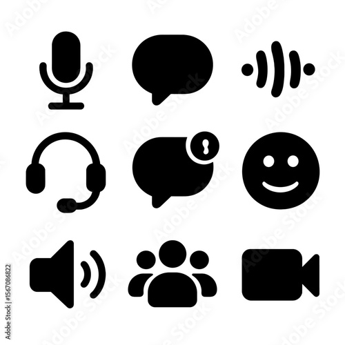 Multiplayer Communication Icons. Solid, filled icon set of multiplayer communication: microphone, chat bubble, voice waves,