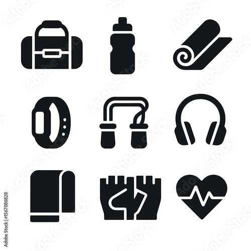 Gym Essentials Icons. Solid, filled icon set of gym and outdoor workout essentials: gym bag, water bottle, yoga mat, fitness