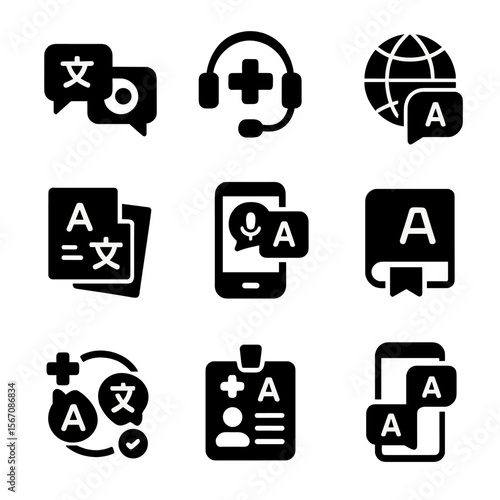 Multilingual Healthcare Icons. Solid, filled icon set of multilingual healthcare communication: chat bubbles with flags,