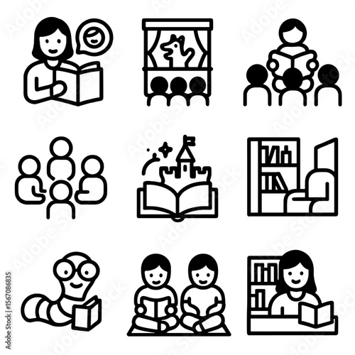 Kids Storytime Icons. Solid, filled icon set of kids’ storytime: storytelling, puppet show, group reading, circle of children,