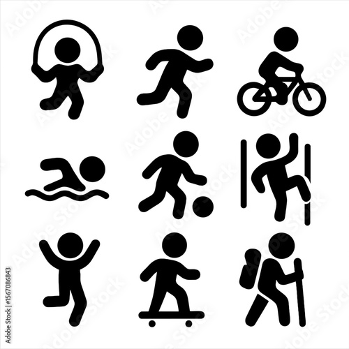 Kids' Activity Icons. Solid, filled icon set of physical activities for kids: jumping rope, running, cycling, swimming, playing
