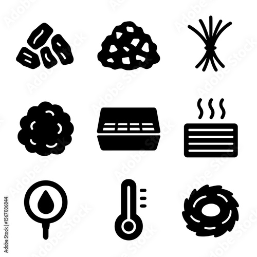 Hamster Bedding Icons. Solid, filled icon set of hamster bedding and environment: wood shavings, paper bedding, hay, nesting