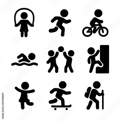 Kids' Activity Icons. Solid, filled icon set of physical activities for kids: jumping rope, running, cycling, swimming, playing