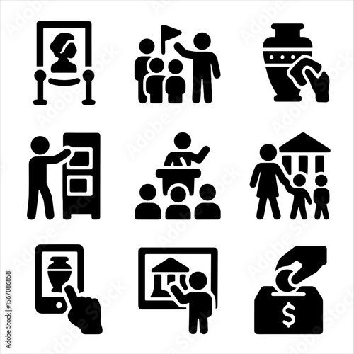 Museum Activities Icons. Solid, filled icon set of museum activities: exhibit viewing, group tour, artifact cleaning, archive