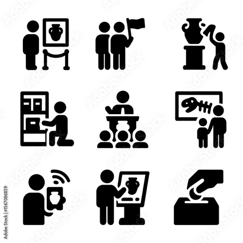 Museum Activities Icons. Solid, filled icon set of museum activities: exhibit viewing, group tour, artifact cleaning, archive