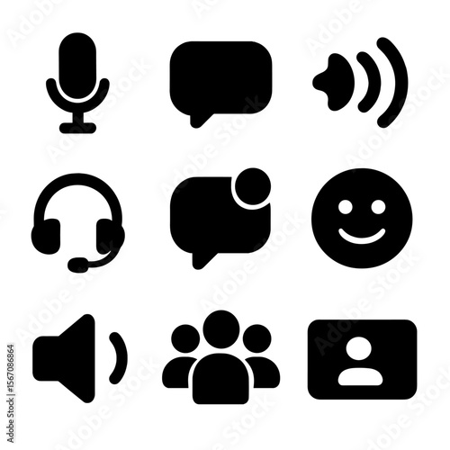 Multiplayer Communication Icons. Solid, filled icon set of multiplayer communication: microphone, chat bubble, voice waves,