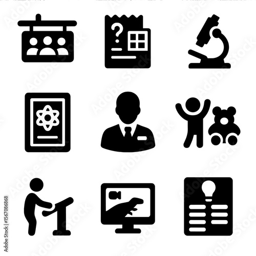 Museum Education Icons. Solid, filled icon set of museum education features: classroom sign, activity sheet, microscope, science